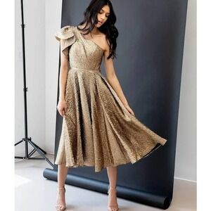 MAC DUGGAL NWT $498 One Shoulder Bronze Crinkle Cocktail Dress Size 6